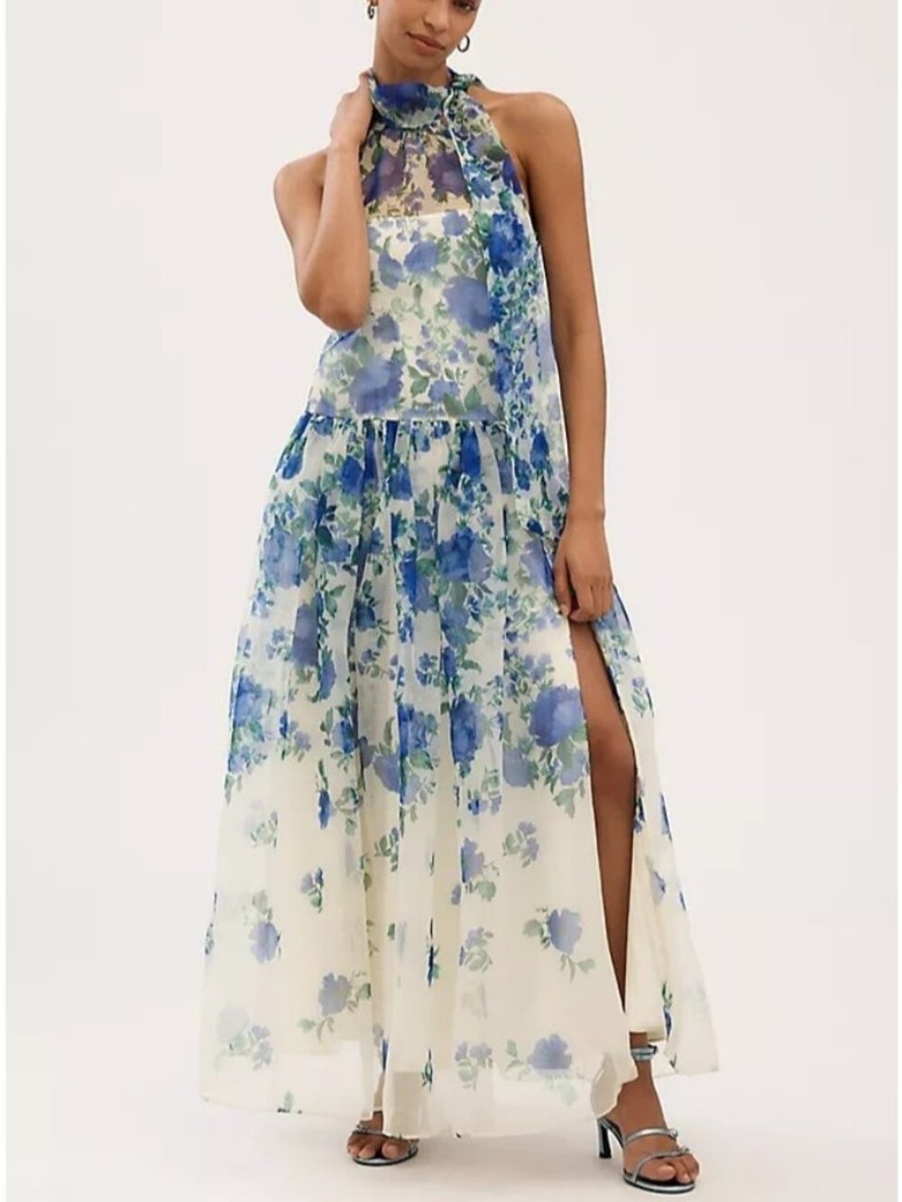 BHLDN Kendall High Neck Scarf Floral Organza Maxi Dress Elegant Blue Womens L